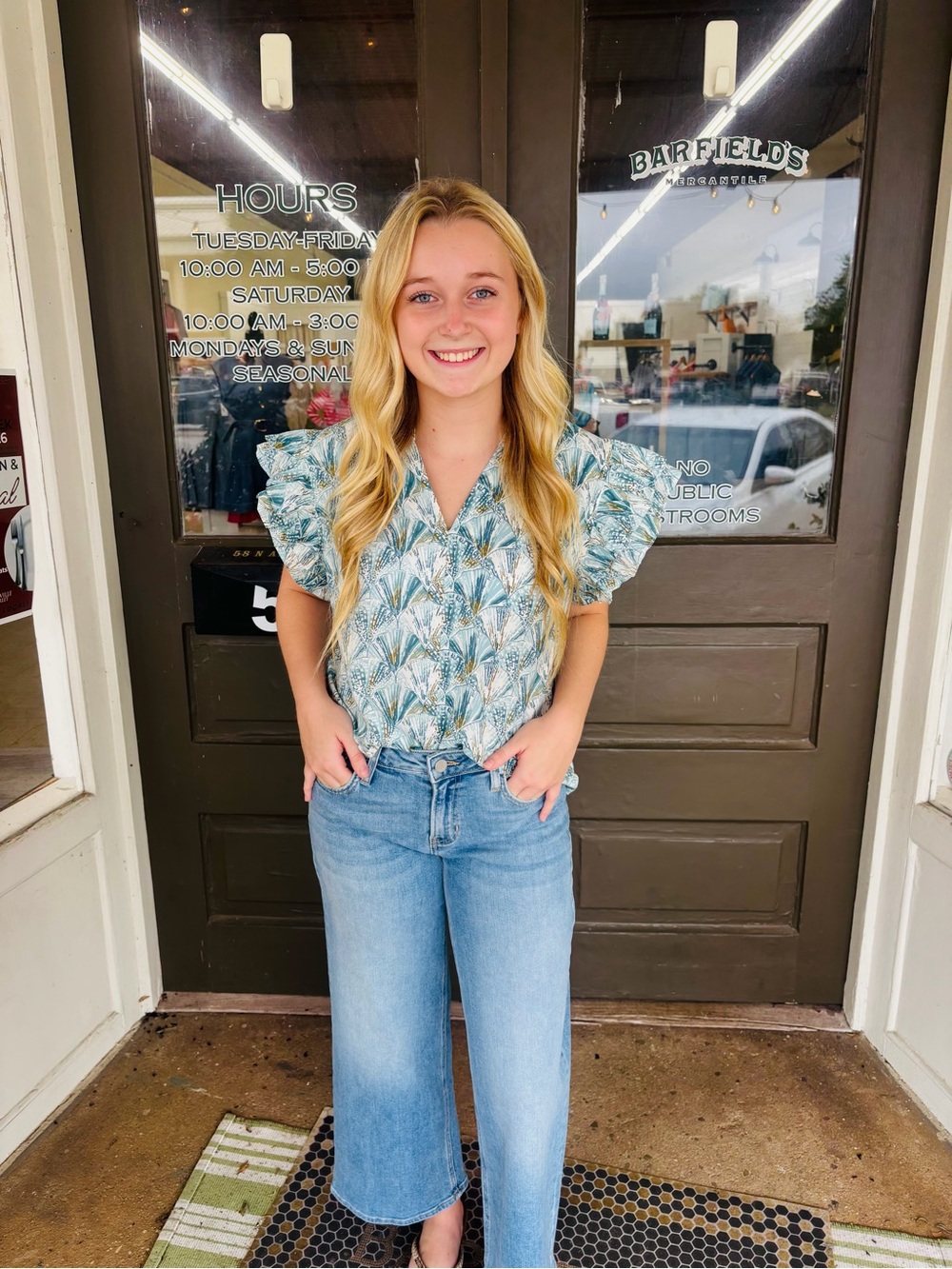 Blue Green Palm Print Ruffle Sleeve Top
